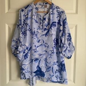CHICOS Blue Flora Blouse Tunic Size L Size 12 Layered Front 3/4 Roll Tab Sleeves